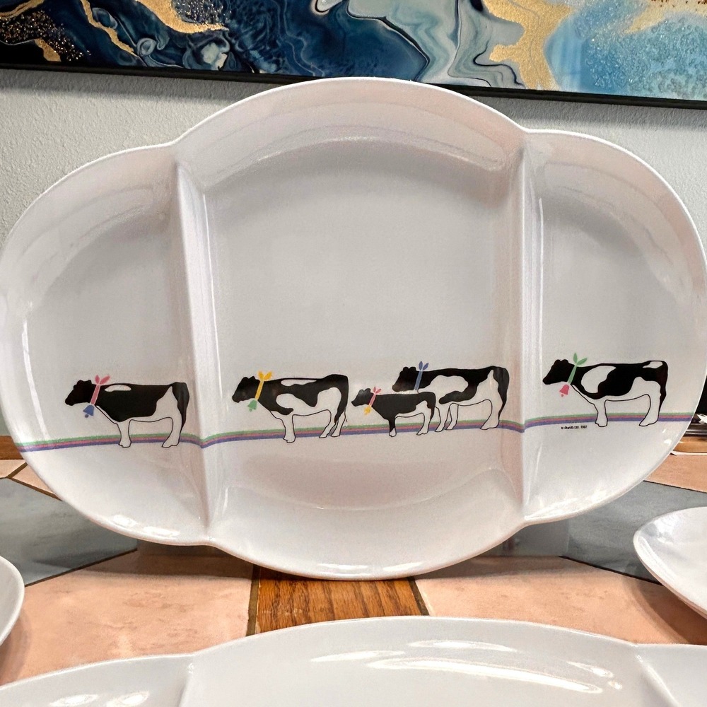 Oneida Vintage Cow Melamine Divided Grill Plates Set of 4 White 1987 Farmhouse